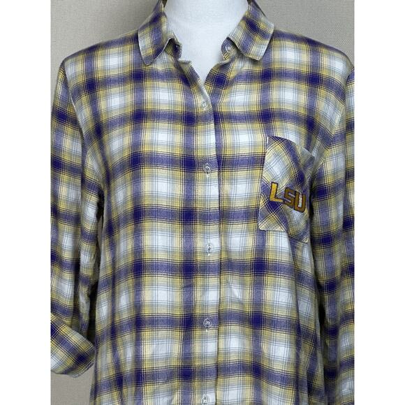 Women’s Plaid Flannel Button-Down LSU Tiger Shirt With Roll-Up Sleeves Sz M - Picture 2 of 14